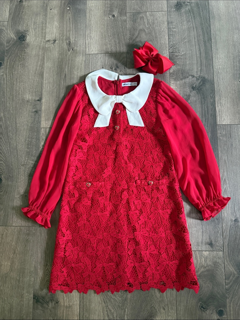 Self-Portrait Red Lace Dress with White Peter Pan Bow Collar